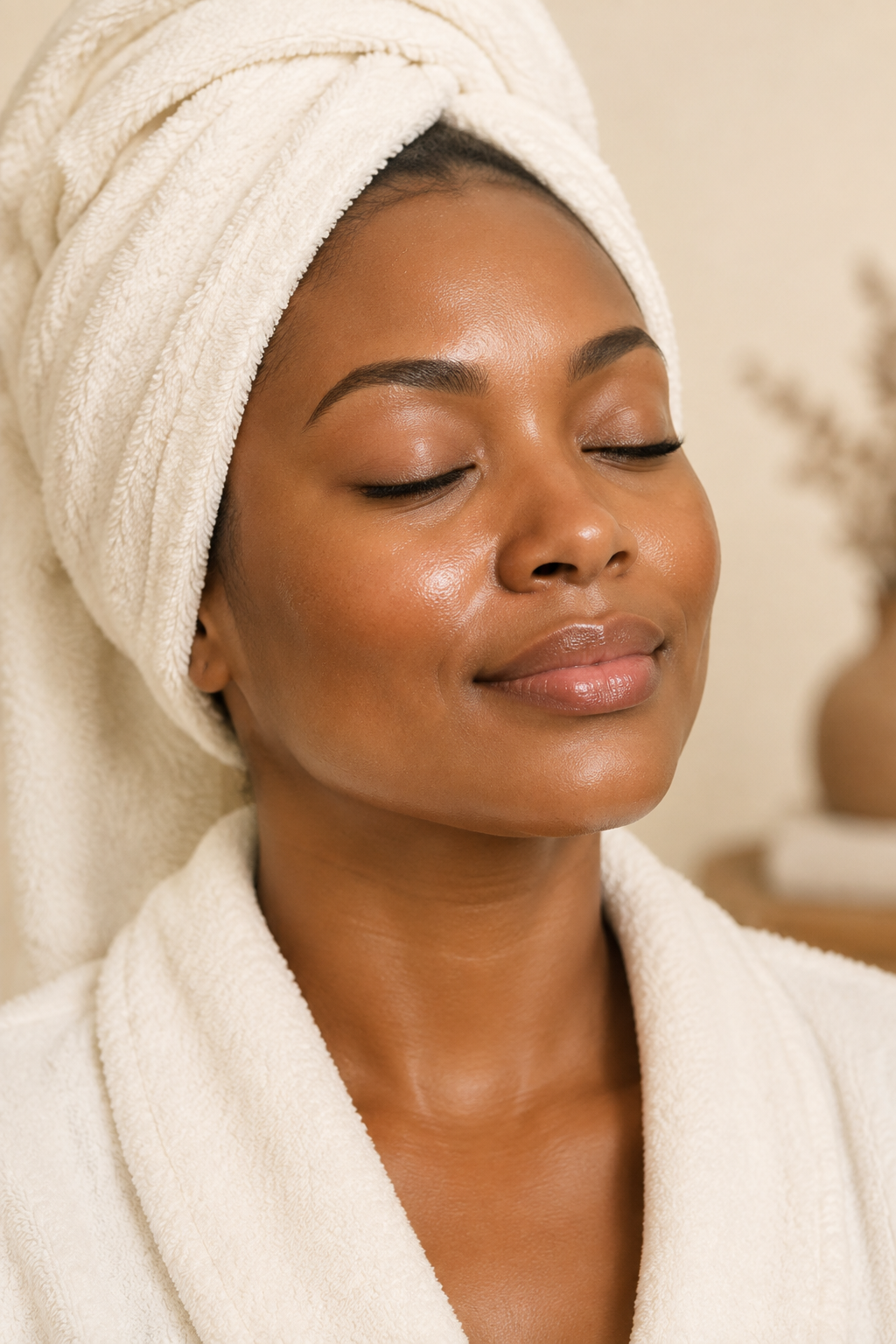 Black woman with a warm golden-brown complexion and a soft post-facial glow