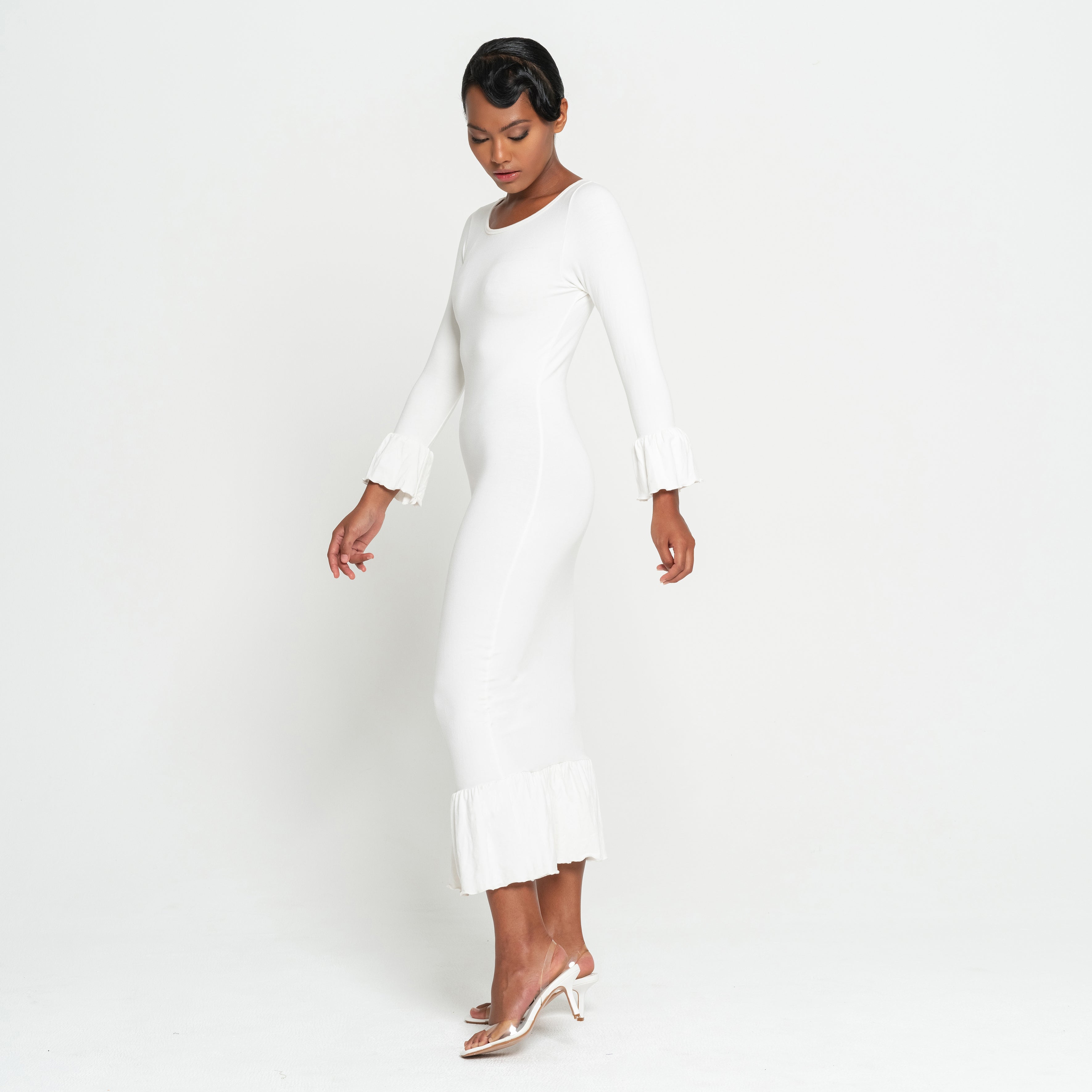MARJORIE Bamboo Ruffle Dress, in Off-white