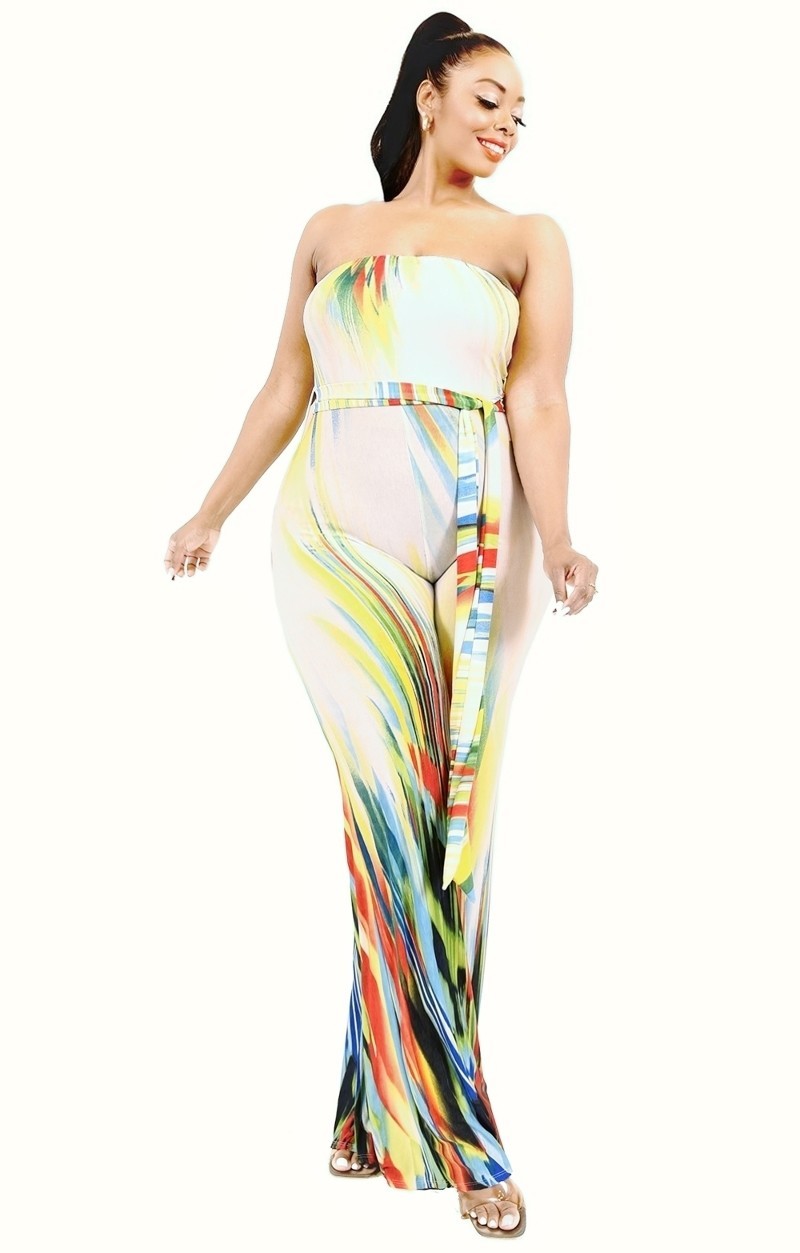 Off Shoulder Color Brushed Tie Waist Jumpsuit - Plus sizes