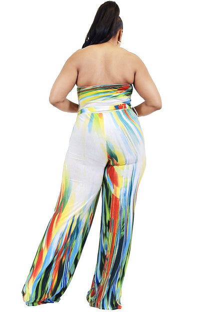 Off Shoulder Color Brushed Tie Waist Jumpsuit - Plus sizes