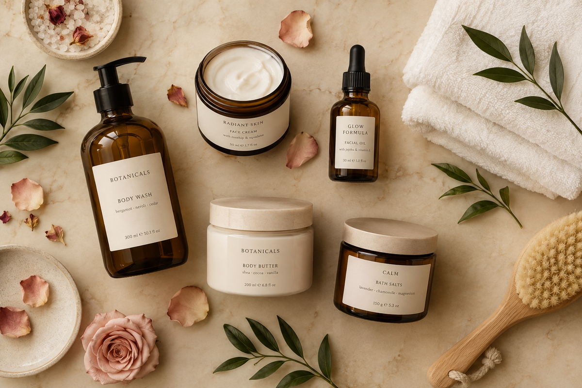 An overhead flat lay of skincare products, towels, and botanicals on warm cream marble