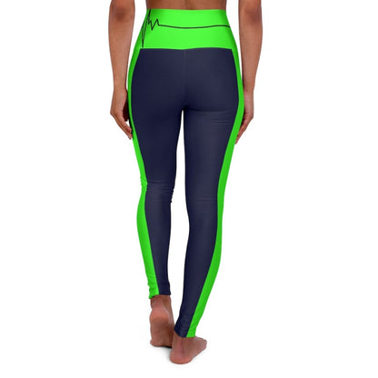 High Waisted Yoga Leggings, Navy Blue And Neon Green Beating Heart