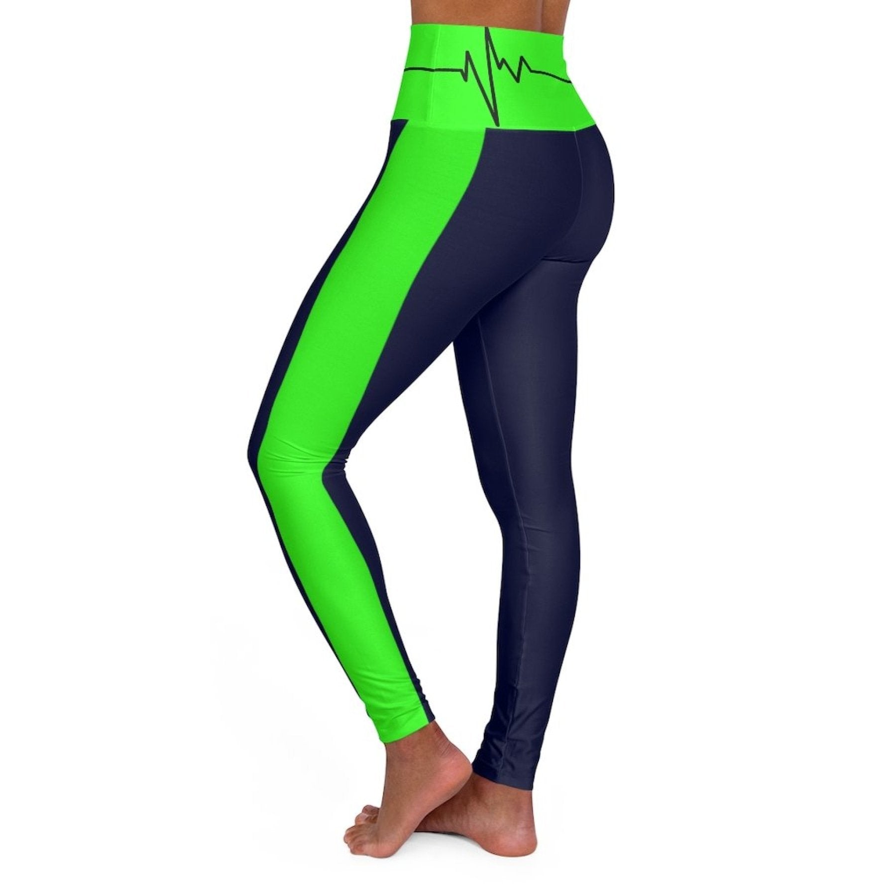 High Waisted Yoga Leggings, Navy Blue And Neon Green Beating Heart