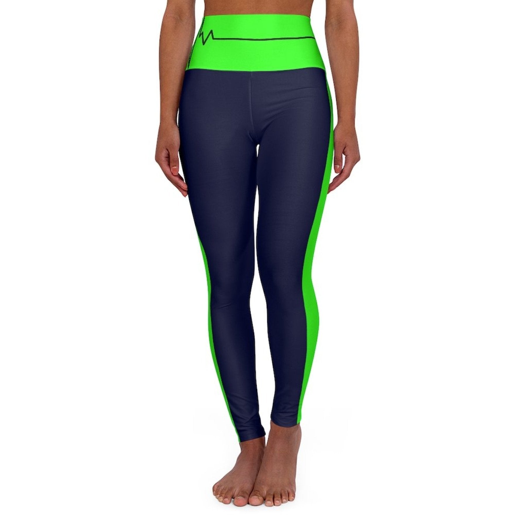 High Waisted Yoga Leggings, Navy Blue And Neon Green Beating Heart