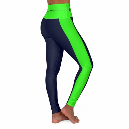 High Waisted Yoga Leggings, Navy Blue And Neon Green Beating Heart