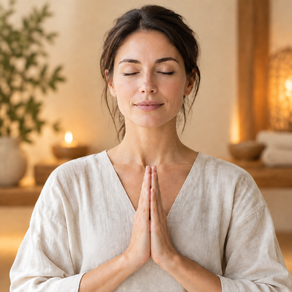 Prayer hands portrait with a relaxing warm spa background